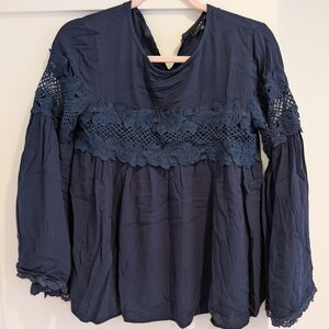 Navy Blue Lace Trim Women's Top